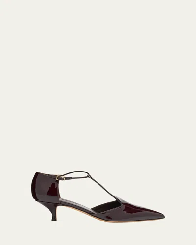 Emme Parsons Leandra Patent T-strap Kitten Pumps In Burgndy Patent