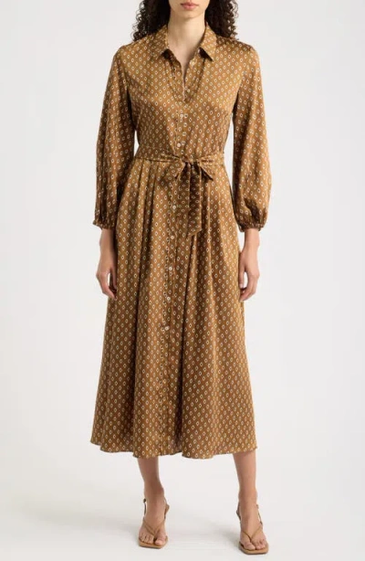 Emme Passo Geometric Long Sleeve Midi Shirt Dress In Burnt Brown