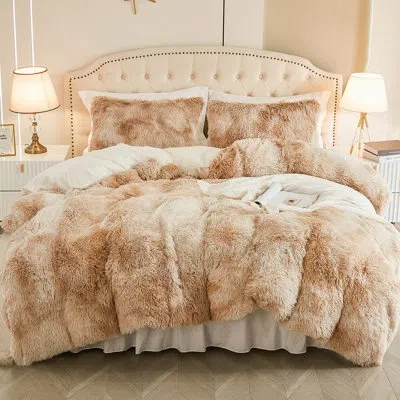Emme Plush Shaggy 2/3pcs Duvet Cover Set Luxury Fuzzy Comforter Cover Set Bedding Set In Brown