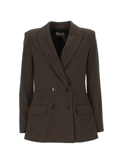 Emme Prince Of Wales Check Double-breasted Blazer In Brown