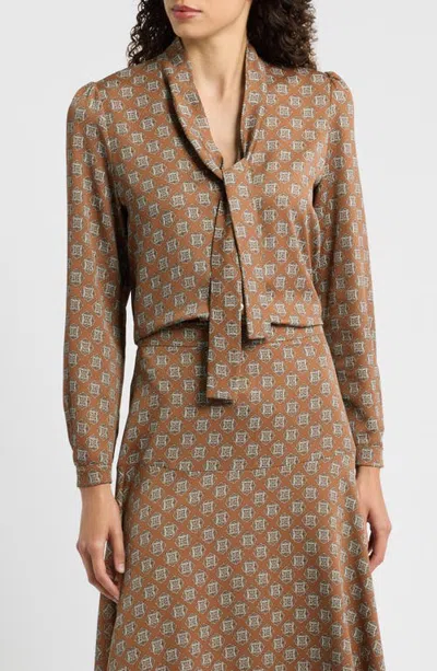 Emme Tie Neck Long Sleeve Top In Brown