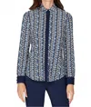 Emmelle Geometric Dot Knit Collared Tailored Blouse In Navy In Blue