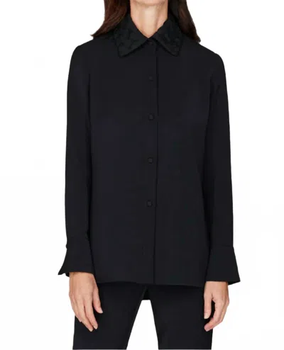 Emmelle Lattice Smocking Collared Button Down Shirt In Black