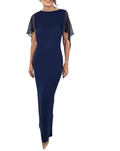 Emmelle Silk Gown With Chiffon High Low Caplet In Marine In Blue