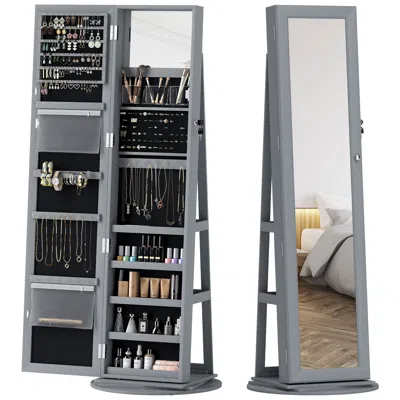 Emmeno 360° Swivel Jewelry Armoire, Lockable Jewelry Cabinet With Full-length Mirror, Storage Shelves, Gray