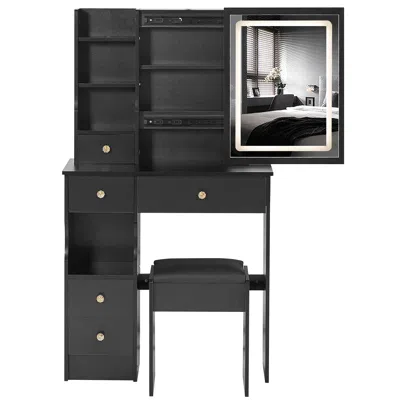 Emmeno Small Size Left Drawer Desktop Vanity Table + Cushioned Stool, Touch Control Sliding Led Mirror, Tri In Black