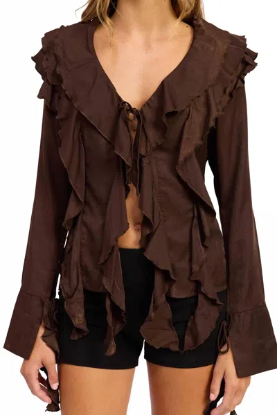 Emory Park Front Tie Ruffled V-neck Top In Chocolate In Brown