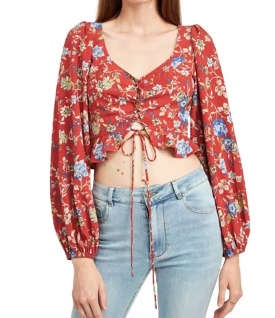 Emory Park Lace Up Front Floral Top In Burnt Red In Multi
