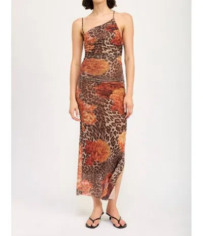 Emory Park One Shoulder Mesh Maxi Dress In Leopard Orange Floral In Multi