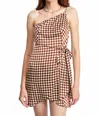 Emory Park One Shoulder Wrapped Checkerboard Dress In Brown In Brown