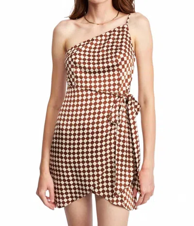 Emory Park One Shoulder Wrapped Checkerboard Dress In Brown