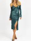 EMORY PARK SATIN MAXI DRESS W/ LONG CUFF-SLEEVE IN EMERALD