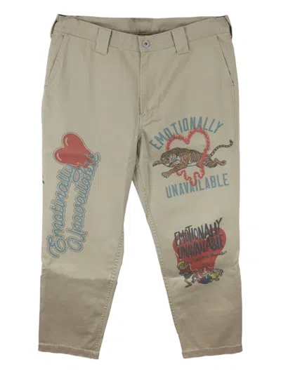 Emotionally Unavailable Heart-tiger Print Trousers In Green