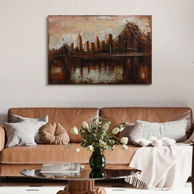 Empire Art Direct "bridgescape" Iron Hand Painted 3d Wall Art In Brown