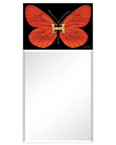 Empire Art Direct Designer Butterfly Rectangular Beveled Mirror On Free Floating Printed Tempered Art Glass In Black,red