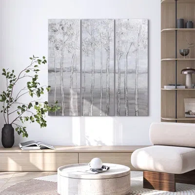 Empire Art Direct Silver Winter Textured Metallic By Martin Edwards - 3 Piece Wrapped Canvas Painting Print Set In White;gray