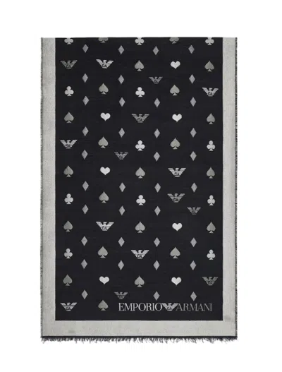 Emporio Armani Double-sided Wool-blend Stole With Jacquard Pattern In Black