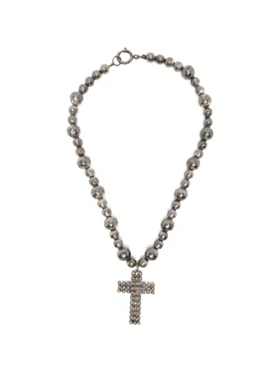 Pre-owned Emporio Armani 2000s Cross-pendant Beaded Necklace In Silver