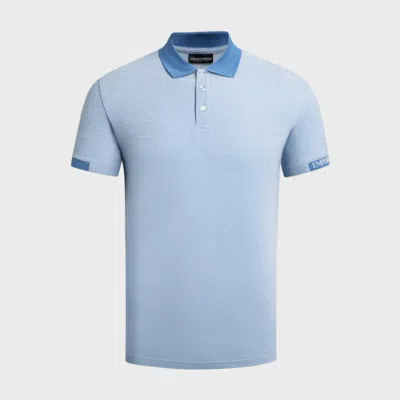 Emporio Armani 2025春夏款 阿玛尼男式袖口logo下摆开叉短袖polo衫 In Blue