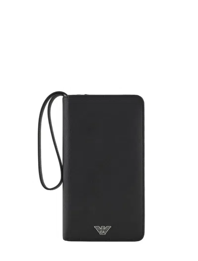 Emporio Armani Official Store Asv Large Currency Holder In Regenerated Saffiano Leather With Eagle Plate In Black
