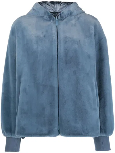 Emporio Armani Faux-fur Hooded Jacket In Blue