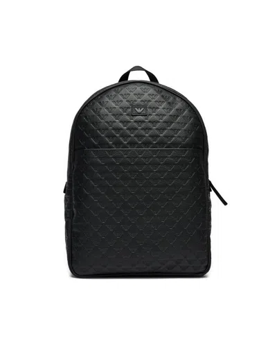 Emporio Armani All-over Debossed Logo Zipped Backpack In Black