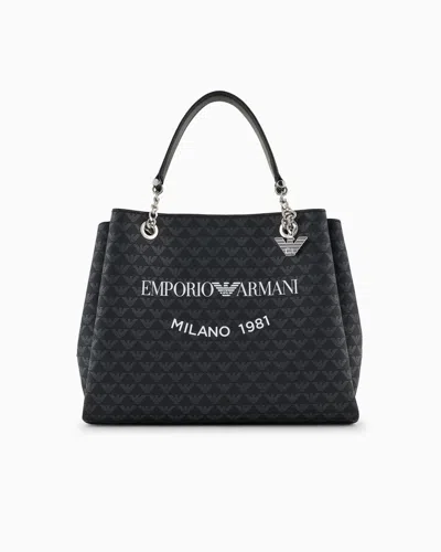 Emporio Armani All-over Eagle Handbag With Milano 1981 Logo Print In Bianco E Nero