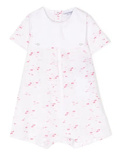Emporio Armani Babies' All-over Fish Print Cotton Romper In White