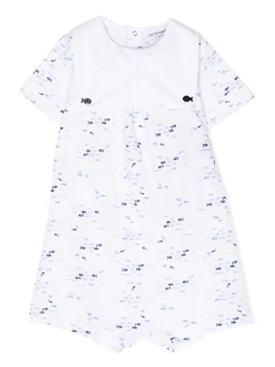 Emporio Armani Babies' All-over Fish Print Cotton Romper In White