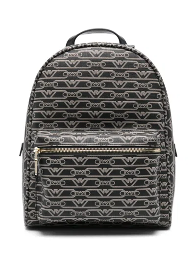 Emporio Armani Coated Faux Leather Logo Print Backpack With Front Pocket In Black