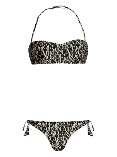 Emporio Armani Allover Logo Bikini Set In Black