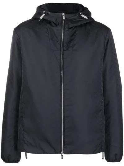 Emporio Armani Monogram-pattern Hooded Jacket In Blue