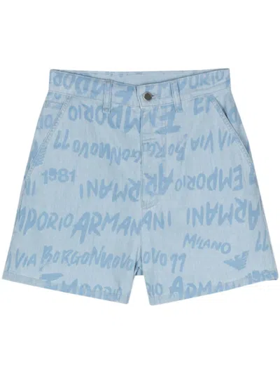 Emporio Armani Allover Logo Denim Shorts In Blue