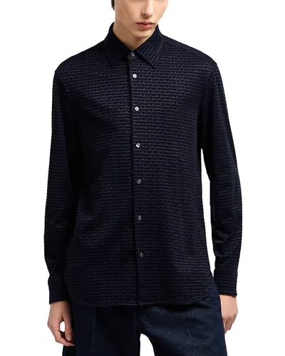 Emporio Armani Allover Logo Regular Fit Button Down Shirt In Navy Blue