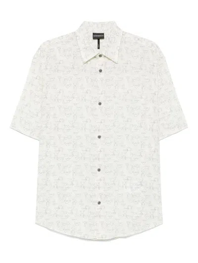 Emporio Armani White Classic Collar Printed Shirt In Marine