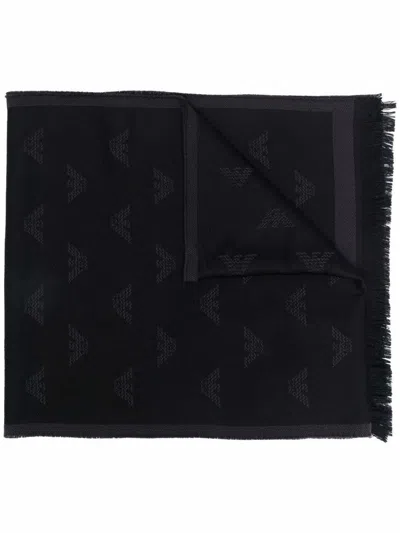 Emporio Armani Allover Logo Wool Scarf In Black