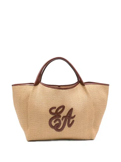 Emporio Armani Large Straw Tote Bag In Brown