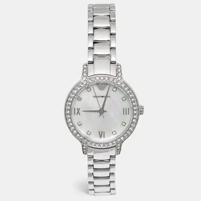 Pre-owned Emporio Armani Ar11484 Mother Of Pearl Stainless Steel Women's Wristwatch 32 Mm In Silver