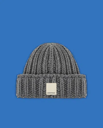 Emporio Armani Asv Black Blue Capsule Collection Ribbed Wool Beanie In Grey