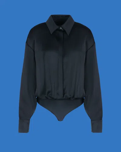 Emporio Armani Asv Black Blue Capsule Collection Satin Bodysuit With Shirt Collar