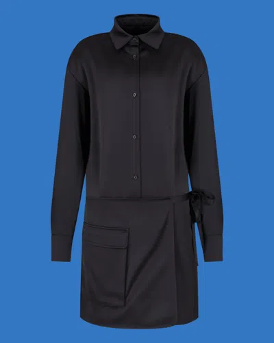 Emporio Armani Asv Black Blue Capsule Collection Satin Shirt-collar Dress
