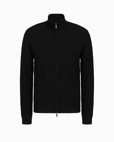 Emporio Armani Asv Lyocell-blend Full-zip Textured Cardigan In Schwarz