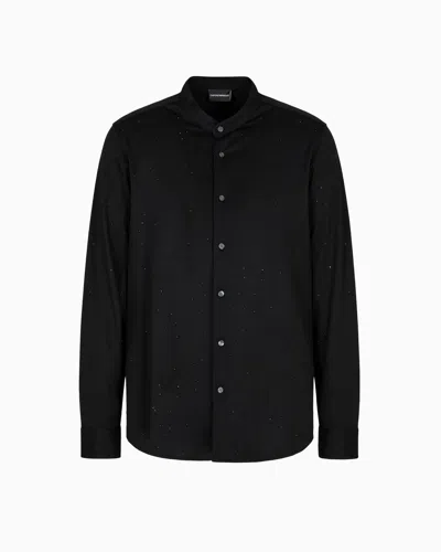 Emporio Armani Asv Clubwear Guru-collar Shirt In A Lyocell Blend Jersey With All-over Rhinestones In Black