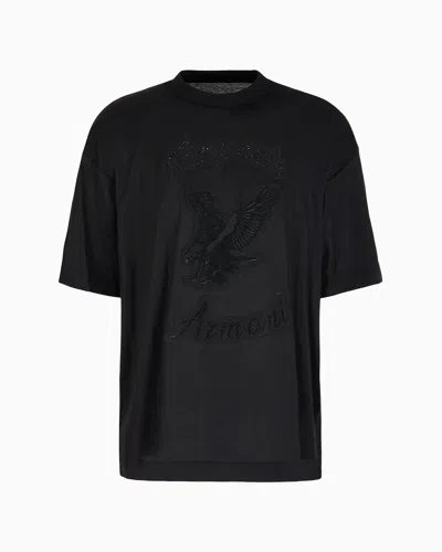 Emporio Armani Asv Clubwear Oversize T-shirt In Lyocell-blend Jersey With Rhinestone Patch And Embroidery In Black