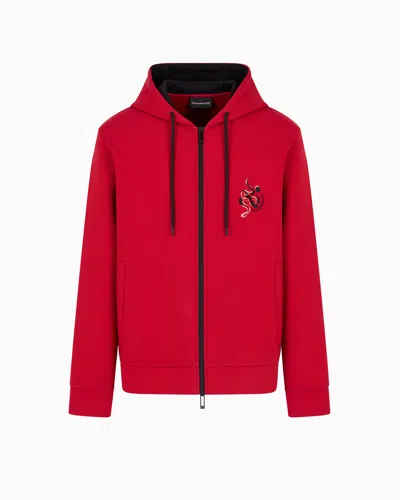 Emporio Armani Double-jersey Hooded Zip Sweatshirt With Lunar New Year Embroidery In Red