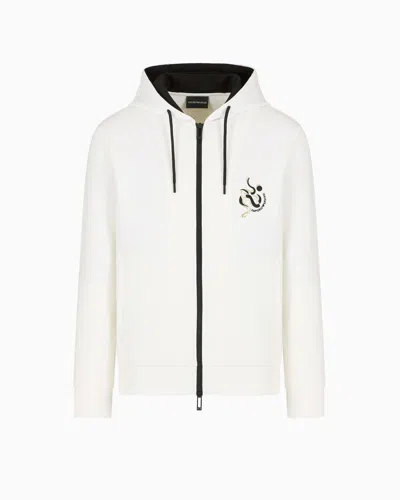 Emporio Armani Double-jersey Hooded Zip Sweatshirt With Lunar New Year Embroidery In White