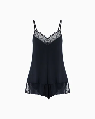 Emporio Armani Asv Eternal Lace Pyjama Top And Shorts With Recycled-lace Details In Black