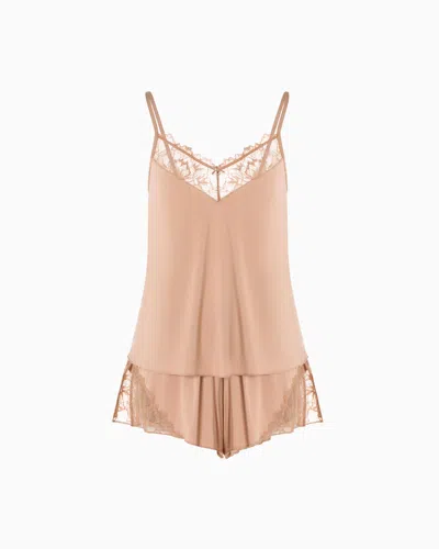 Emporio Armani Asv Eternal Lace Pyjama Top And Shorts With Recycled-lace Details In Neutral