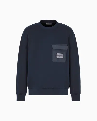 Emporio Armani French Terry Jersey Sweatshirt With Padded Pocket And Logo Patch In Navy_blue