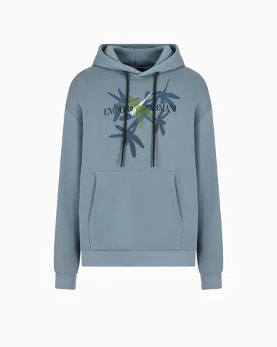 Emporio Armani Jersey Hooded Sweatshirt With Dragonfly Print And Embroidery In Blue